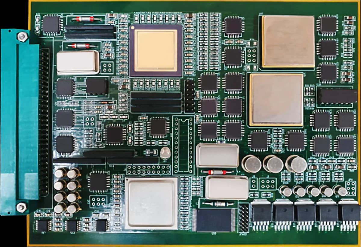 A dense control board with shielded processors, oscillators and an edge connector on the left