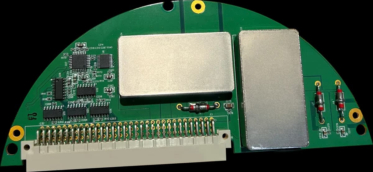 A half-round green power module with two large metal-shielded converters