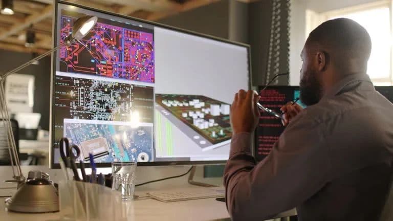 An engineer reviewing a board design on screen